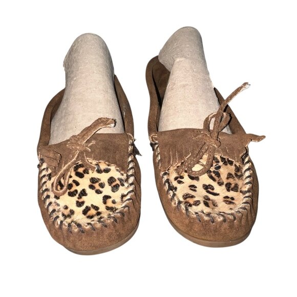 Minnetonka Womens Brown Suede Moccasins With Leopard Print Accent Size 9 - Picture 3 of 13